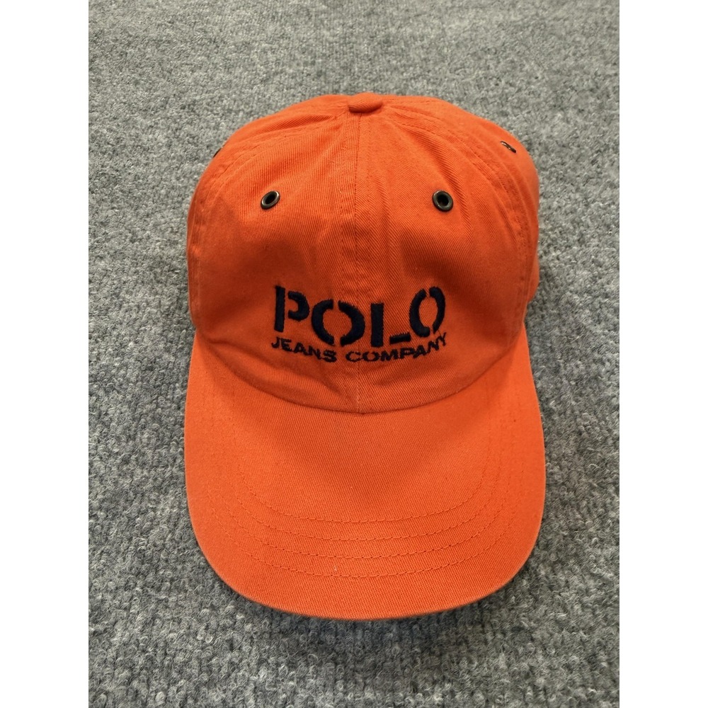 Vtg Polo Jeans‎ Hat Mens Leather Strap Back Orange Dad Cotton Twill